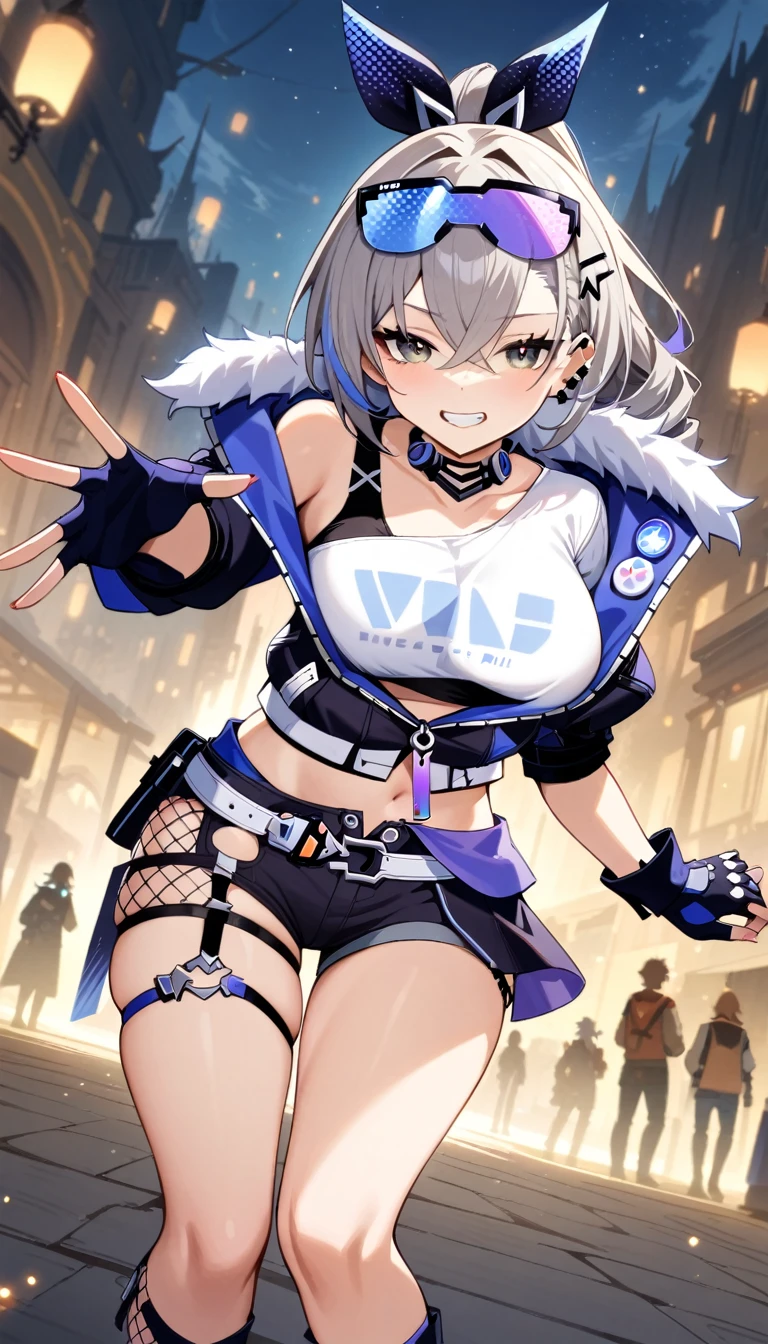 masterpiece, best quality, very aesthetic, absurdres, newest,1girl, huge tit,grin,pov_hand, ,1girl, silver wolf \(honkai: star rail\), honkai \(series\), grey hair, long hair, grey eyes, jacket, eyewear on head, gloves, ponytail, fingerless gloves, shirt, shorts,in a plaza,glowing stardust frontground,fantasy,sparkling,fireflies,