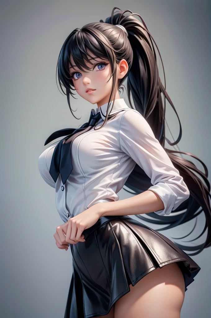 8k,Best Quality, masterpiece, ultra high resolution, (photorealistic:1.4), Photo and gross, (Genuine leather texture:1.3), (film grain:1.3),1 beautiful girl, Akeno Himejima, 24 year old woman with a height of 1,78 meters. He has black hair in a ponytail style.,a well developed figure, but at the same time slim, highlighting her big breasts and small waist.. white and delicate skin. Her eyes are light violet and deep., and her expression is charming and seductive. As a garment, he wears the Kouh Academy school uniform., which consists of a shirt, Skirt .Whole body