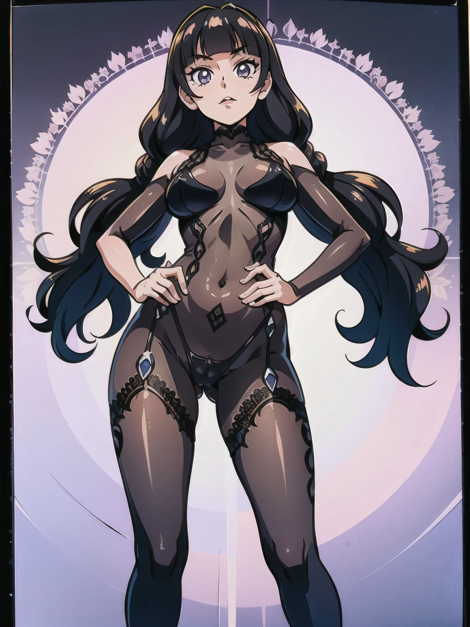 1 girl, (solo), ((amanogawaki)), best quality, highres, high quality, 8k, HD, super detail, anatomically correct, UHD, accurate, (masterpiece:1.0), (high quality:1.0), (ultra detailed), (no Background), (White Background), ((Adult)), (upper body:0.9), (from below:1.4), ((Contrapposto:1.5)), (bodystocking:1.3), Looking at viewer, Looking down, transparent bodystocking, (((black lace transparent bodystocking:1.3)))