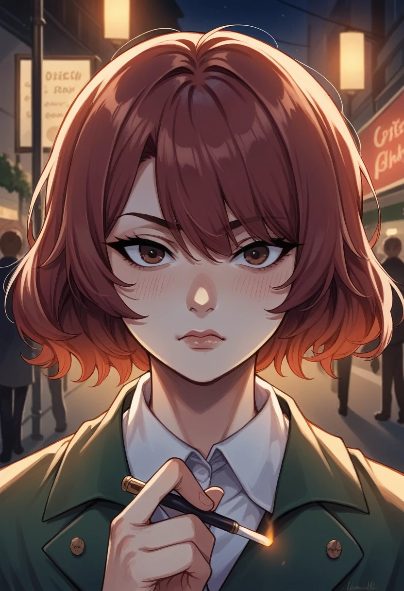 beautfull woman, wavy dark red hair, brown eyes, Make-up natural, trained, light and relaxed appearance, male clothes, smoking, Street at night, dynamic lighting, Masterpiece artwork, extremely detaild, scene from the film, dramatic photo, perspective, vignette, cinematographic, close to the serious face, poor quality photo 