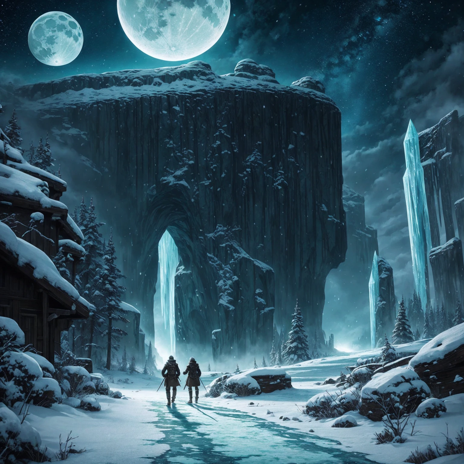 Epic fantasy illustration: the path of the ice night, barren territory, supernatural, green Moon