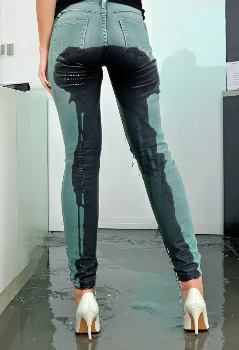 ((rear view)),attractive redhead woman wearing black skinny jeans, ((black skinny jeans)), short curly hair, white high heel pumps, mint green blouse, standing in an office, wetting, big smile, pee stains are gleaming wet, standing in puddle of pee, lower legs of jeans completely soaked, pee drips off jeans, full body shot, head in frame