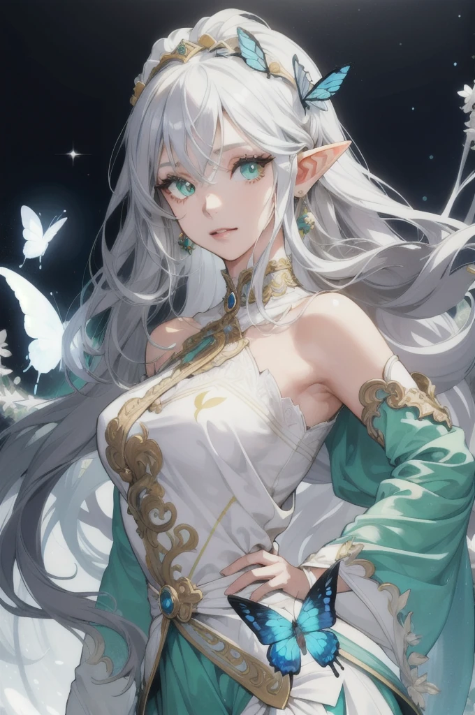 (Absurd, High resolution, Super detailed), (One girl:1.3), Gray Hair, Long Hair, High resolution, High detail, Textured skin, Shiny Hair, Hime cut, Earrings, Droopy eyes, Colorful eyes, Eyes are diamonds, Big glitter eyes, Long eyelashes, Character portrait, Lots of white space, Character design drawings, Simple Background, Headpiece, butterfly hair accessories, Anime Style, Rococo, Elf、Arabian dancer white costume、So that the whole body can enter、Green Eyes、Floating in the air、sexy
