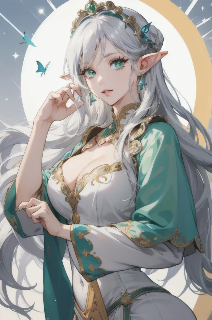 (Absurd, High resolution, Super detailed), (One girl:1.3), Gray Hair, Long Hair, High resolution, High detail, Textured skin, Shiny Hair, Hime cut, Earrings, Droopy eyes, Colorful eyes, Eyes are diamonds, Big glitter eyes, Long eyelashes, Character portrait, Lots of white space, Character design drawings, Simple Background, Headpiece, butterfly hair accessories, Anime Style, Rococo, Elf、Arabian dancer white costume、So that the whole body can enter、Green Eyes、Floating in the air、sexy
