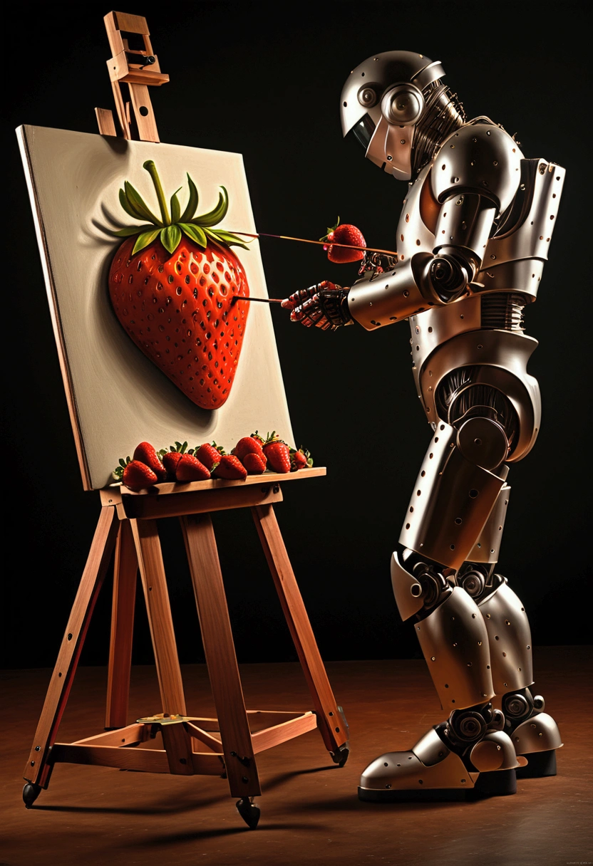 (A Strawberry), a Robot painter drawing a strawberry on canvas, easel, captivating chiaroscuro, dynamic movement, full body, (special effects:0.1), award-winning, cinematic still, emotional, vignette, dynamic, vivid, (masterpiece, best quality, photorealistic, Professional, perfect composition, very aesthetic, absurdres, ultra-detailed, intricate details:1.3)