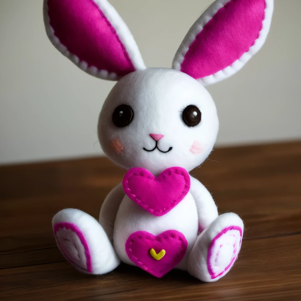 a close up of a stuffed animal with a heart on it, a photo by Anita Kunz, flickr, lowbrow, very detailed felt plushie, felt, bunnypunk, made of felt and cloth and beads, evil. vibrant colors. cute, creepy!!, etsy, springtrap, plush, cute anthropomorphic bunny, plushie