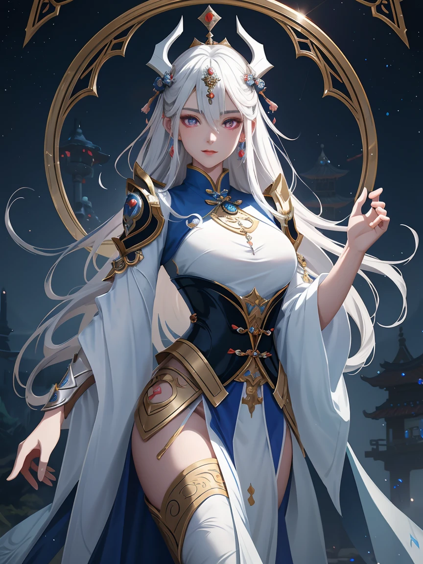 (Best quality,A high resolution,The image is clear:1.2),Ultra detailed backgrounds,Beautiful woman standing,Cowboy shot shot，Chinese-style clothes,Goddess of white dresses，Chinese-style clothes，Be transported to the awe-inspiring realms of the universe, Transform her into a saint with immense powers and miracles.
In splash art,  She is now a luminous and ethereal being, Decorated with celestial patterns and glowing stardust. Her wings twinkle with traces of stardust, Symbolizing her connection to the heavenly bodies.In a mysterious space,under moonlight,Romantic atmosphere,Dutch Angle Shot,gentlesoftlighting,shelmet，