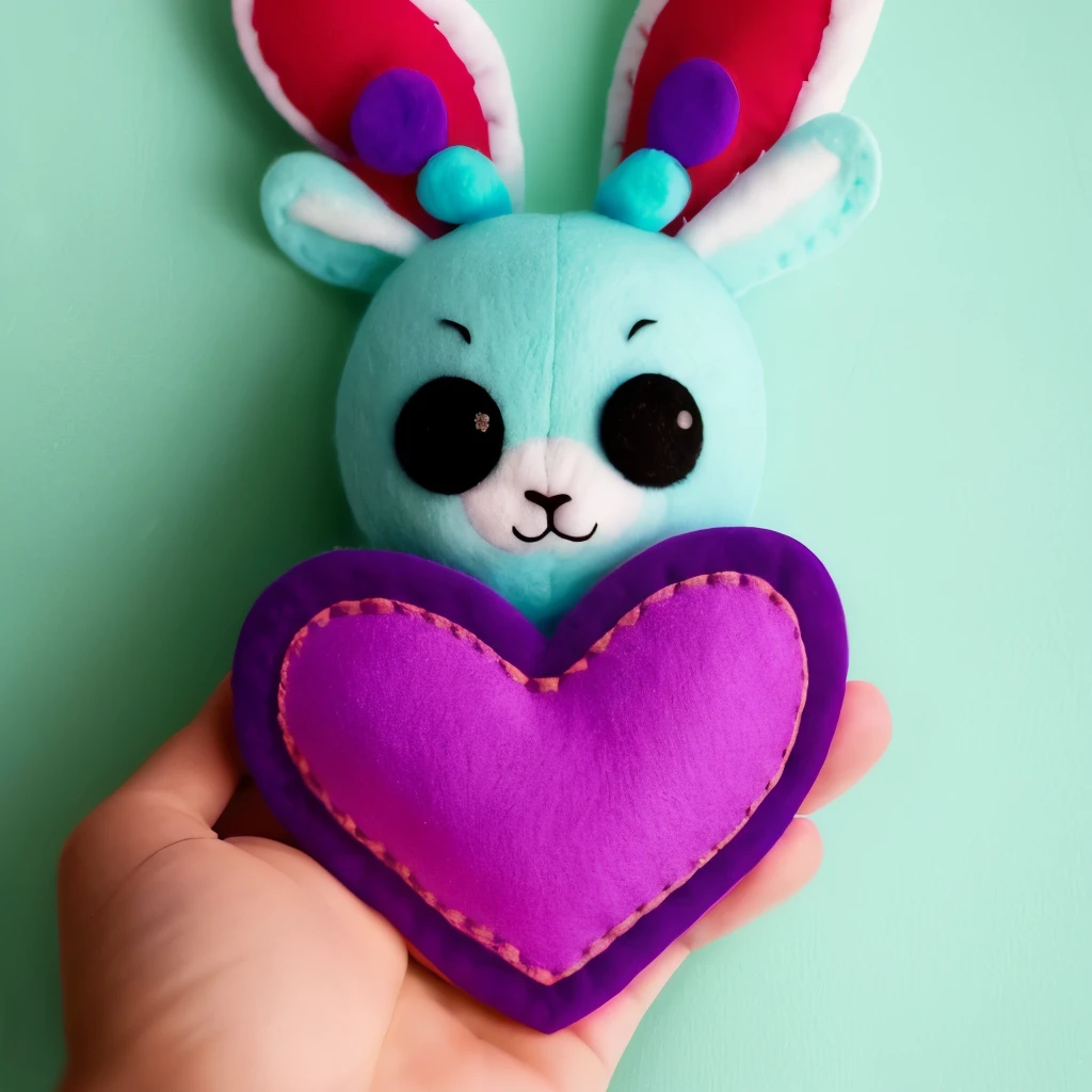 a close up of a stuffed animal with a heart on it, a photo by Anita Kunz, flickr, lowbrow, very detailed felt plushie, felt, bunnypunk, made of felt and cloth and beads, evil. vibrant colors. cute, creepy!!, etsy, springtrap, plush, cute anthropomorphic bunny, plushie