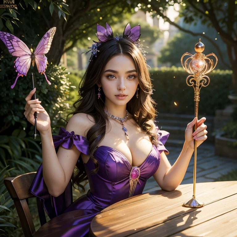 (masterpiece, best quality:1.5), highest quality, High resolution, super detailed, Realists, Upper body photo of a brunette young magical girl, detailed and beautiful eyes, beautiful detailed lips, very detailed eyes and face, longeyelashes, shiny satin dress, Holding a magic wand in your hand, Cast a transformation spell, With her stick she turns spiders into butterflies, Glowing wands available,Beautiful and colorful makeup, elegant and noble々The jewelry bag, Gardens as background, soft daylight, bright colors, fine brushstrokes, Portrait style, Silk dress fabric, beautiful color palette, glowing skin, First-class rendering, that captures every detail, enchanting atmosphere, subtle shadows and lights, (perfect anatomy:1.2), (The stunning Magical Girl turns spiders into butterflies. on the table(a transformation with the magic wand:1.4), (magnificent panorama view:1.2)
