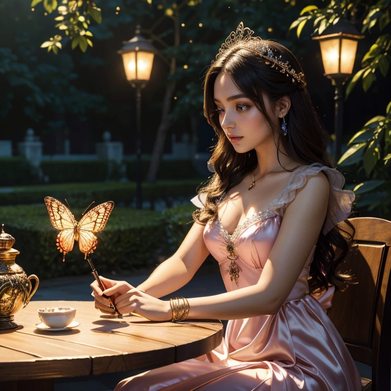 (masterpiece, best quality:1.5), highest quality, High resolution, super detailed, Realists, Upper body photo of a brunette young magical girl, detailed and beautiful eyes, beautiful detailed lips, very detailed eyes and face, longeyelashes, shiny satin dress, Holding a magic wand in your hand, Cast a transformation spell, With her stick she turns spiders into butterflies, Glowing wands available,Beautiful and colorful makeup, elegant and noble々The jewelry bag, Gardens as background, soft daylight, bright colors, fine brushstrokes, Portrait style, Silk dress fabric, beautiful color palette, glowing skin, First-class rendering, that captures every detail, enchanting atmosphere, subtle shadows and lights, (perfect anatomy:1.2), (The stunning Magical Girl turns spiders into butterflies. on the table(a transformation with the magic wand:1.4), (magnificent panorama view:1.2)