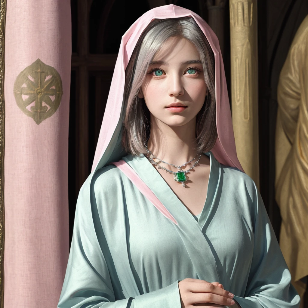 ((masterpiece), (extremely intricate1.2), (realistic1.3), (photorealistic:1.4)),medieval painting of a -yeld press who has become a priestess. She is wearing pink priestly robes (dress pink:1.2), the color of the goddess she serves, with a matching veil covering her silver short hair. She no longer wears jewelry and has very pale skin with emerald green eyes. Camera angle: Medium shot, capturing the serene and sacred aura of the young priestess in a medieval setting. (detailed face:1.3), (gree eyes:1.2)