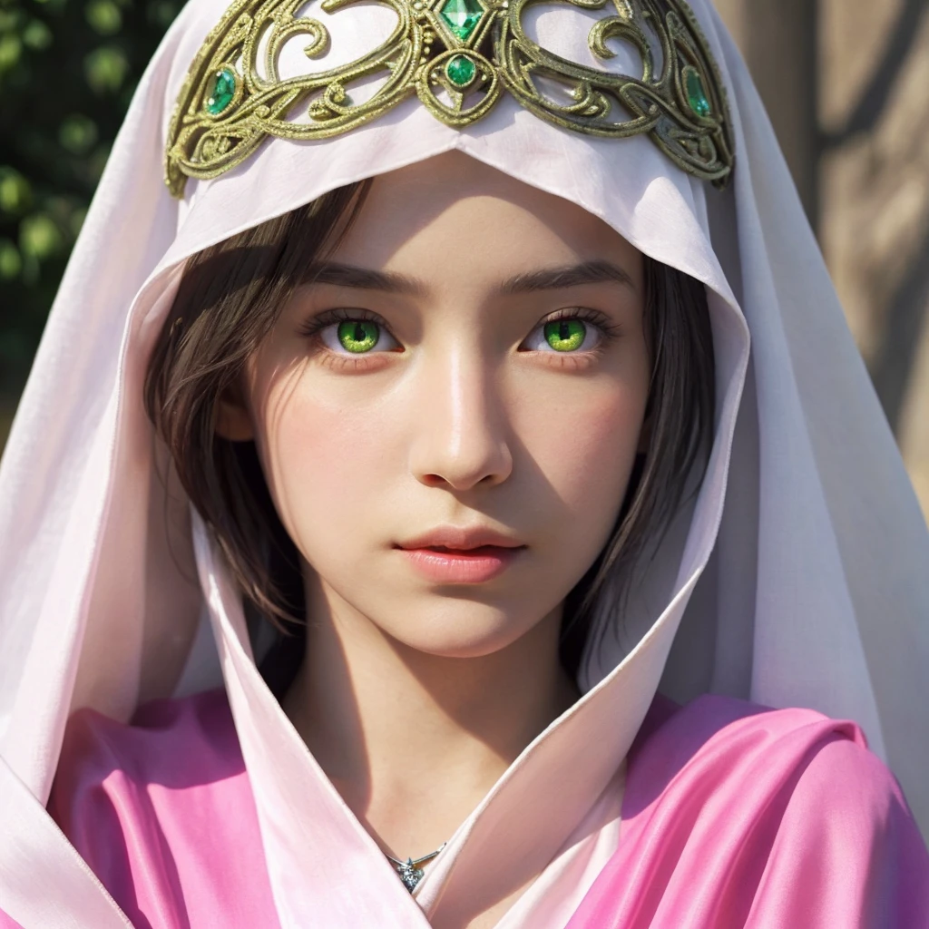 ((masterpiece), (extremely intricate1.2), (realistic1.3), (photorealistic:1.4)),medieval painting of a 10-year-old princess who has become a priestess. She is wearing pink priestly robes (dress pink:1.2), the color of the goddess she serves, with a matching veil covering her silver short hair. She no longer wears jewelry and has very pale skin with emerald green eyes. Camera angle: Medium shot, capturing the serene and sacred aura of the young priestess in a medieval setting. (detailed face:1.3), (gree eyes:1.2)
