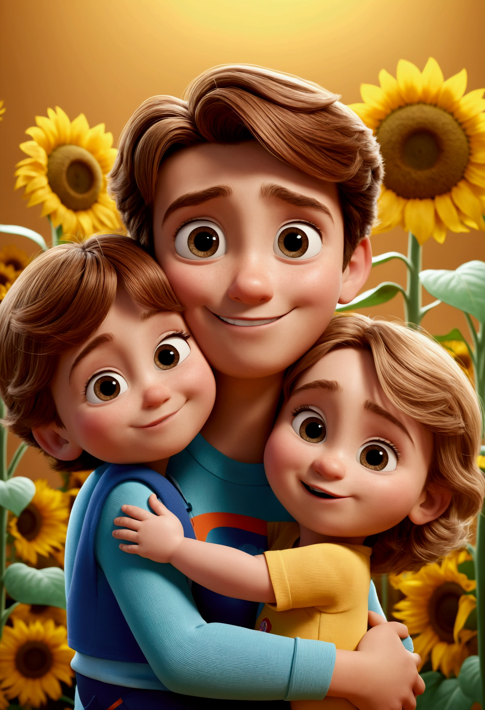 Create a Disney PIXAR style 3D poster. Family of 5,  ((3 Children&#39;s Center)),  ((1 baby in the middle, 2  , They are hugging each other, The boy has fair skin and light brown hair and light brown eyes, 1 has fair skin, light brown and wavy eyes and hair, And the baby has fair skin, light brown eyes and straight blonde hair)) ((all this in Disney PIXAR 3D style, No fundo, A house of sunflowers, Studio Glória, The garden is full of nature 3D rendering RTX clay material, cardboard design style, POP Market, soft lighting, smooth lines, Spring tilt, Detailed PIXAR 3D illustrations, hyperrealistic details, Warm color in Disney PIXAR 3D style))