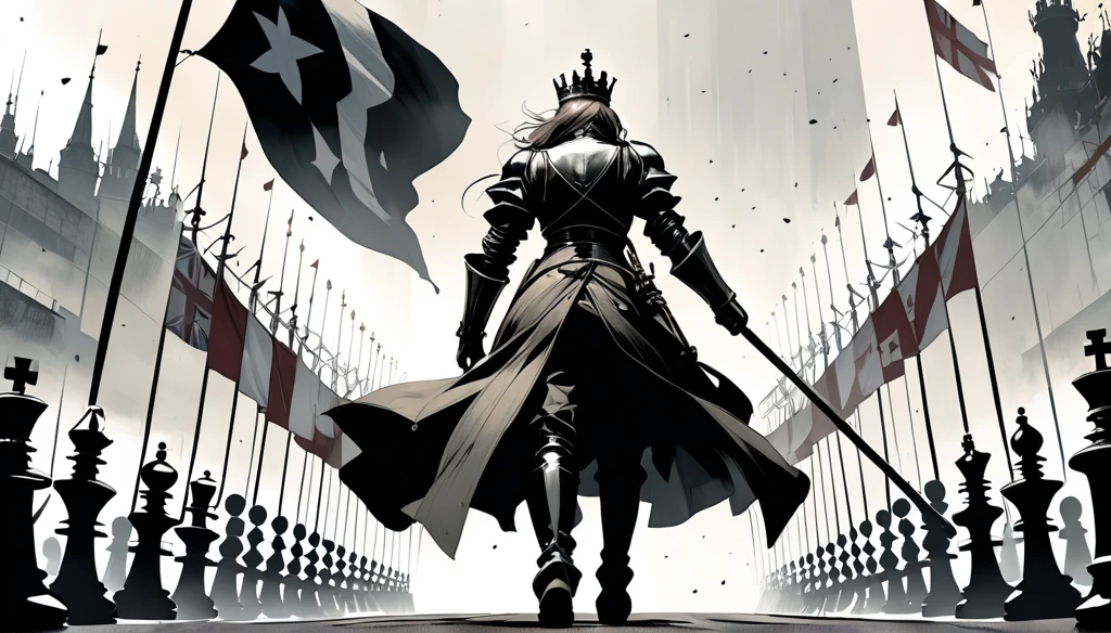 in style of Santiago Caruso, in style of Ashley Wood, Ultra wide-angle lens, queen \(chess\), Countless battle flags are flying, In the shadow of the Queen, graphic novels illustration, 4k