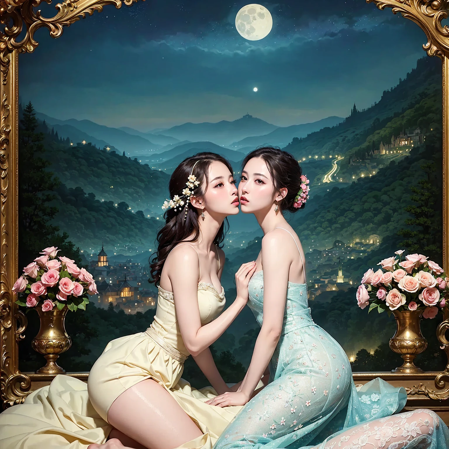 (masterpiece, highest quality, official art, beauty and aesthetic:1.5), two women is deeply in love with each other, kiss, romantic atmosphere, flower and moon, magnificent panorama view