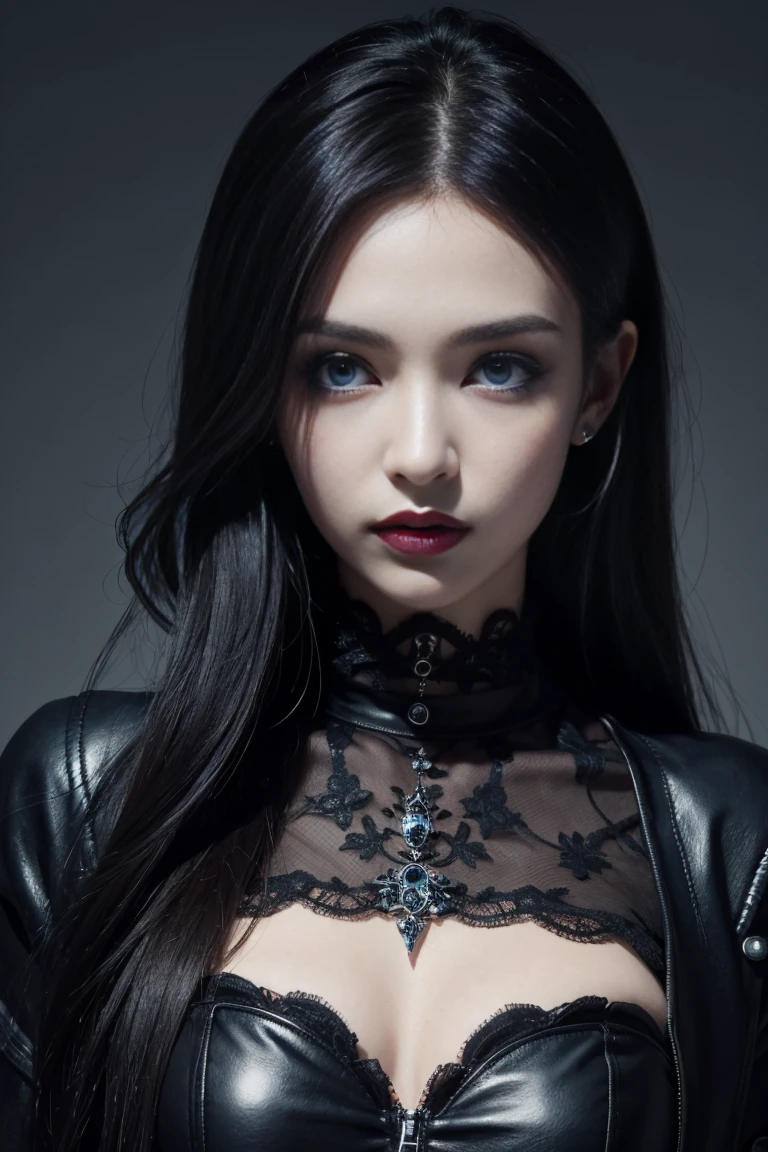 ((masterpiece, best quality, highres, realistic, best quality,)) Perfect Face, (detailed face), score_9, score_8_up, score_7_up, score_6_up, score_5_up, score_4_up, 1girl, gothicstyle, (fully clothed), very long hair, gothic body armor, no bra, exposed breasts, goth accessories, goth makeup, beautiful eyes, bright colors, high contrast, vivid lighting, rating_safe, BREAK, sapphire blue eyes,