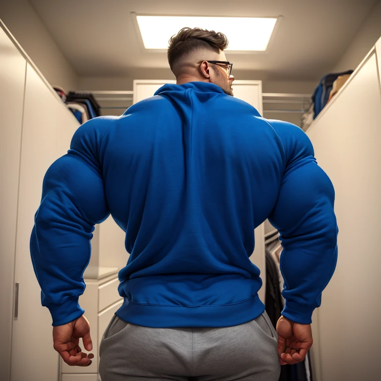 a very handsome, extremely handsome young man, wearing glasses, massively muscular, with massively large muscles, with massively large biceps, with massively large arms, wearing a simple blue sweatshirt with long sleeves, in a very cramped closet, he is so tall and muscular that his back hits the ceiling of the closet