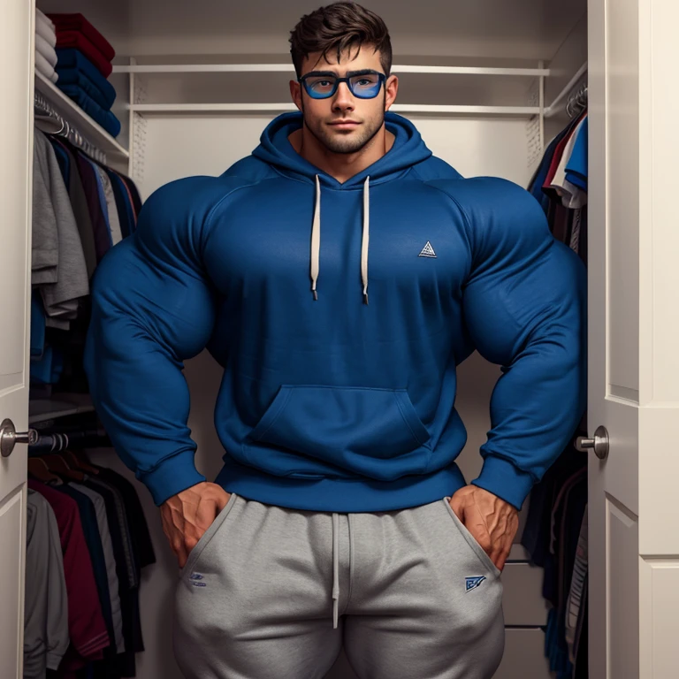 a very handsome, extremely handsome young man, wearing glasses, massively muscular, with massively large muscles, with massively large biceps, with massively large arms, wearing a simple blue sweatshirt with long sleeves, in a very cramped closet, he is so tall and muscular that his back hits the ceiling of the closet