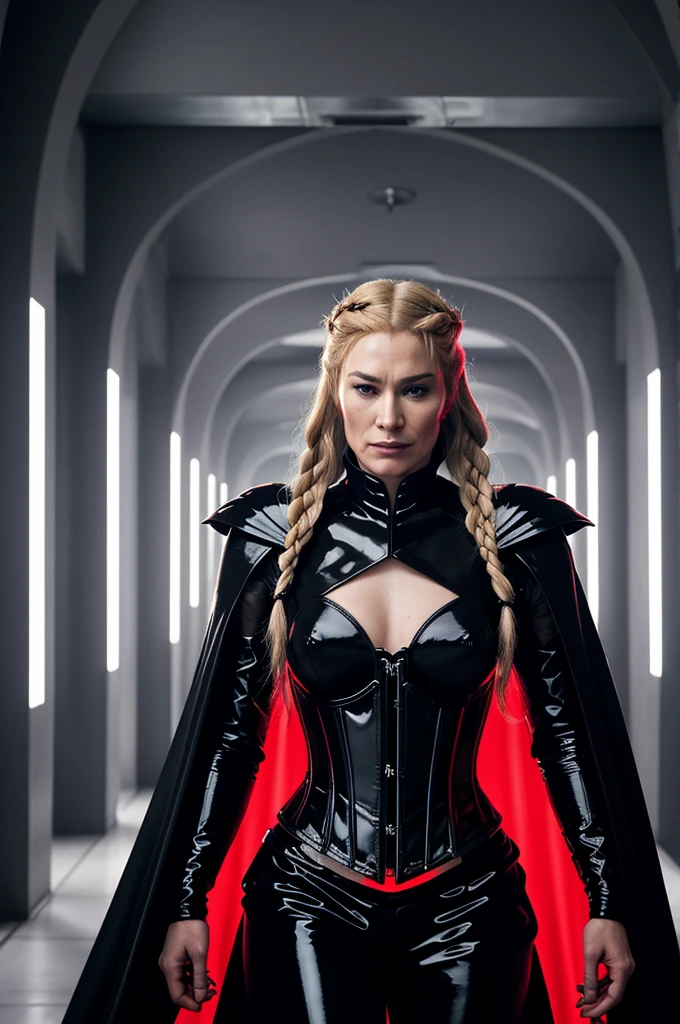Epic fantasy portrait of powerful Cersei Lannister dressed in a black, futuristic Sith-inspired outfit. She has an intimidating presence with her stern expression and piercing gaze. Her attire includes a form-fitting latex suit with armor-like shoulder pads, a corset, and a flowing cape. Her hair is styled in intricate braids. The setting is a dark, futuristic corridor with red light beams and dramatic lighting.