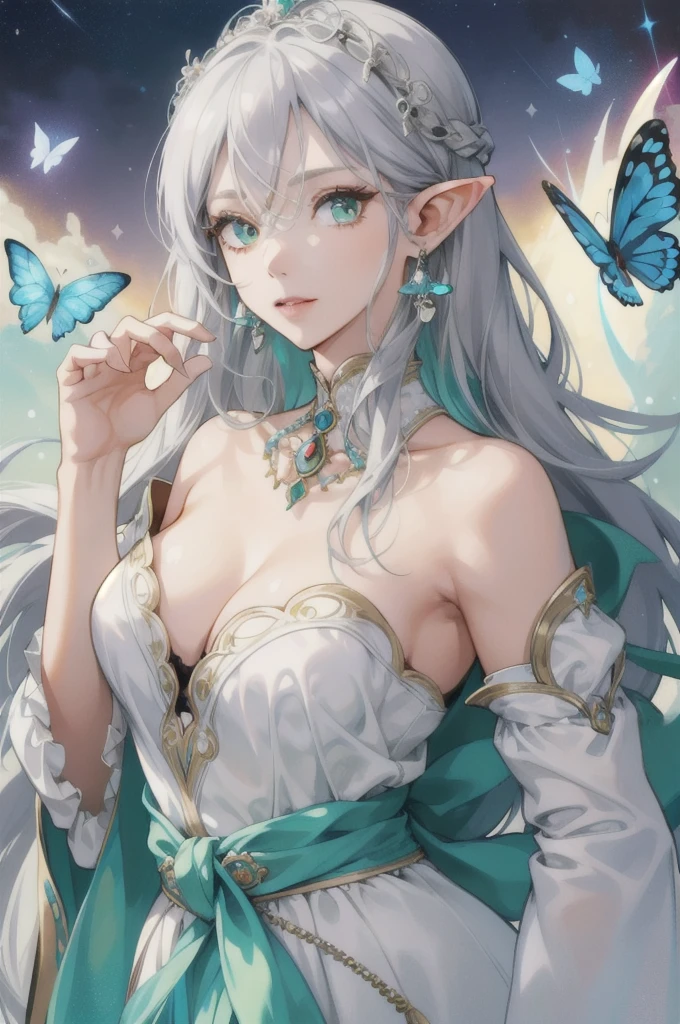 (Absurd, High resolution, Super detailed), (One girl:1.3), Gray Hair, Long Hair, High resolution, High detail, Textured skin, Shiny Hair, Hime cut, Earrings, Droopy eyes, Colorful eyes, Eyes are diamonds, Big glitter eyes, Long eyelashes, Character portrait, Lots of white space, Character design drawings, Simple Background, Headpiece, butterfly hair accessories, Anime Style, Rococo, Elf、Arabian dancer white costume、Green Eyes、sexy、Flying in the sky
