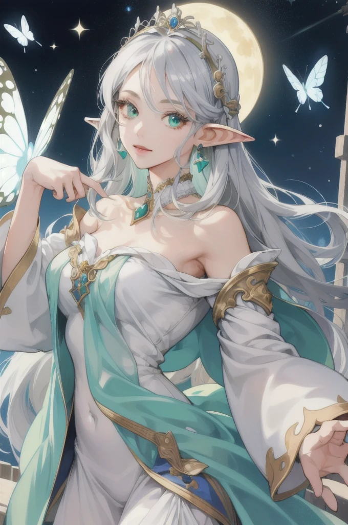 (Absurd, High resolution, Super detailed), (One girl:1.3), Gray Hair, Long Hair, High resolution, High detail, Textured skin, Shiny Hair, Hime cut, Earrings, Droopy eyes, Colorful eyes, Eyes are diamonds, Big glitter eyes, Long eyelashes, Character portrait, Lots of white space, Character design drawings, Simple Background, Headpiece, butterfly hair accessories, Anime Style, Rococo, Elf、Arabian dancer white costume、Green Eyes、sexy、Flying in the sky
