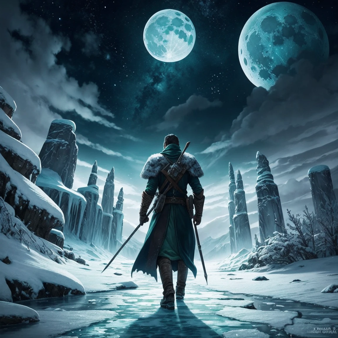 Epic fantasy illustration: the path of the ice night, barren territory, green Moon