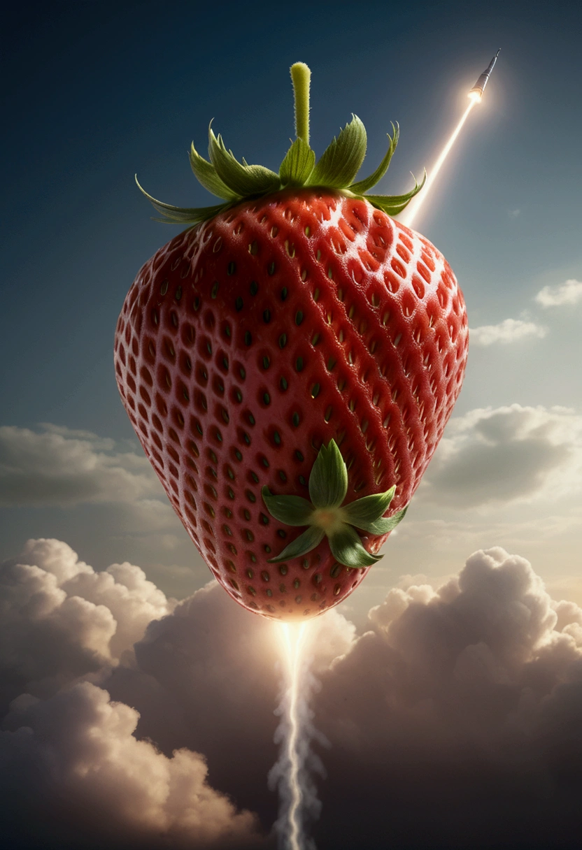 (A Strawberry), A strawberry shaped rocket ignites and flies high in the sky, captivating chiaroscuro, dynamic movement, full body, (special effects:0.1), award-winning, cinematic still, emotional, vignette, dynamic, vivid, (masterpiece, best quality, photorealistic, Professional, perfect composition, very aesthetic, absurdres, ultra-detailed, intricate details:1.3)