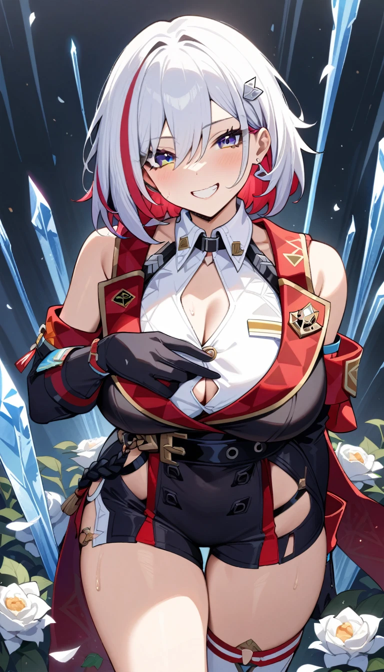 masterpiece, best quality, very aesthetic, absurdres, newest,1girl, huge tit,grin,pov_hand, ,1girl, topaz \(honkai: star rail\), honkai: star rail, multicolored hair, breasts, red hair, gloves, streaked hair, black gloves, short hair, blue eyes, white hair, grey hair,rose,dark_background, flower, ice_flower, icicle,,surrounding by flowers,falling_petals, petals,,
