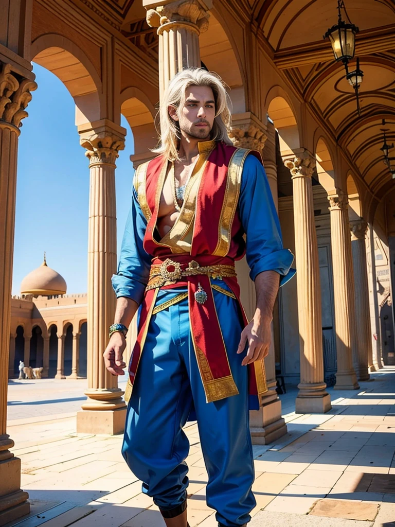 the magnificent ancient Arab palace of Agrabah. Tall, handsome, statuesque, masculine adult man, tanned skin, attractive good looks, long straight platinum hair, blue eyes, athletic build, Arab prince dressed in ancient Arab clothes, beautiful figure. Realistic image. Masterpiece, perfect image, realistic photos, full-length image, 8K, detailed image, extremely detailed illustration, a real masterpiece of the highest quality, with careful drawing.