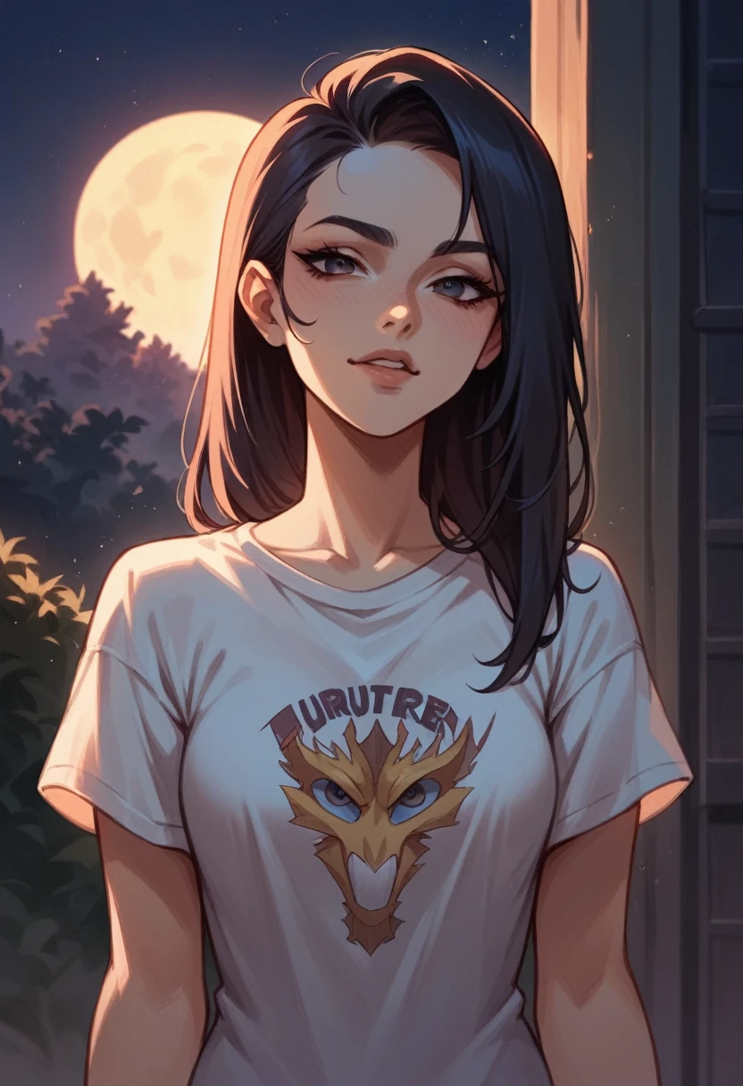 low shoulder t-shirt,sexy adult face,night,Intruder,woman
