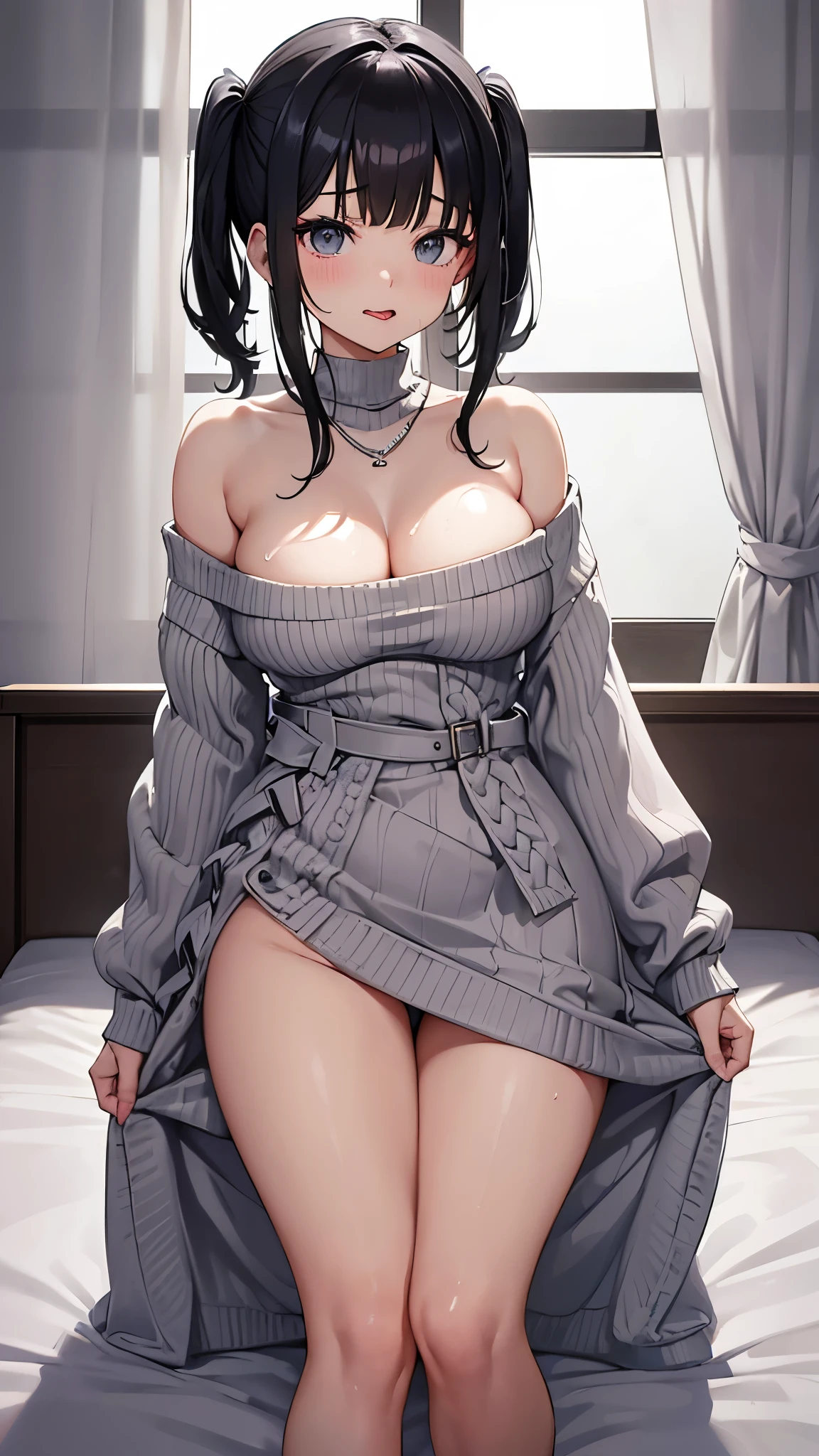 (masterpiece、Highest quality、Very detailed))、One Girl、Black Hair、short hair、Twin tails、Blunt bangs、Wavy Hair、Grey Eyes、((Open your mouth))、((Cum on tongue))、((Very large breasts))、((White sweater))、Cleavage、Off the shoulder、Strapless、((Thick waist))、Thighs、Kneel、On the bed、Bedroom Background、(Sweating profusely、Drooling from the mouth)、Revealing clothing、White slime scattered