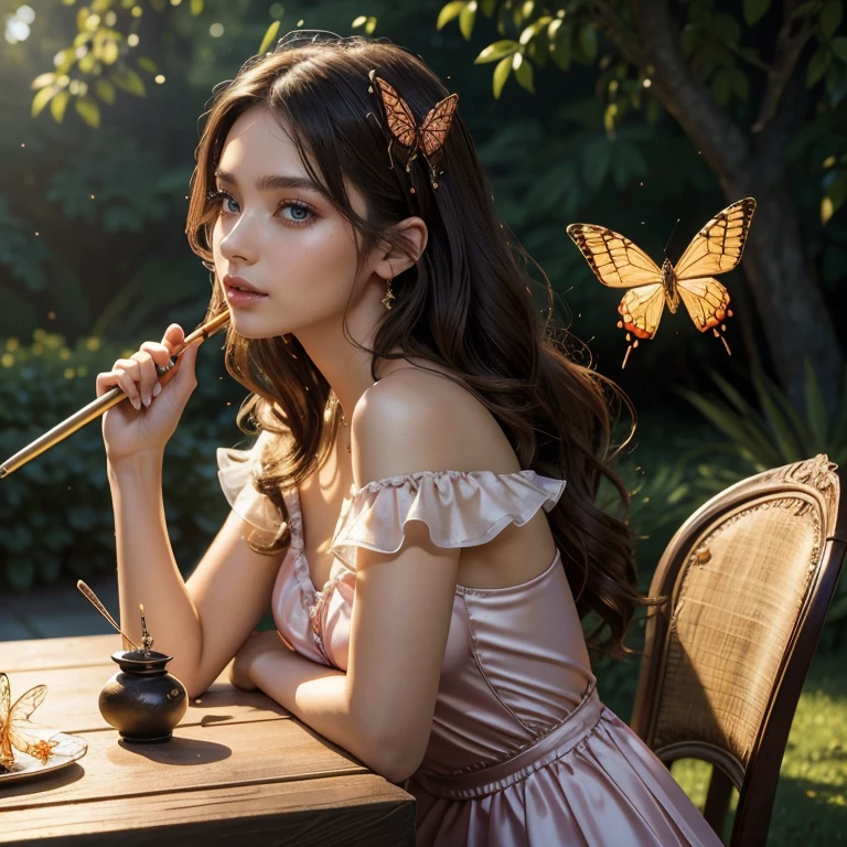 (masterpiece, best quality:1.5), highest quality, High resolution, super detailed, Realists, Upper body photo of a brunette young magical girl, detailed and beautiful eyes, beautiful detailed lips, very detailed eyes and face, longeyelashes, shiny green satin dress, Holding a magic wand in your hand, Cast a transformation spell, With her stick she turns ants into butterflies, Glowing wands available,Beautiful and colorful makeup, elegant and noble々The jewelry bag, Gardens as background, soft daylight, bright colors, fine brushstrokes, Portrait style, Silk dress fabric, beautiful color palette, glowing skin, First-class rendering, that captures every detail, enchanting atmosphere, subtle shadows and lights, (perfect anatomy:1.2), (The stunning Magical Girl turns ants into butterflies. on the table(a transformation with the magic wand:1.4), (magnificent panorama view:1.2)