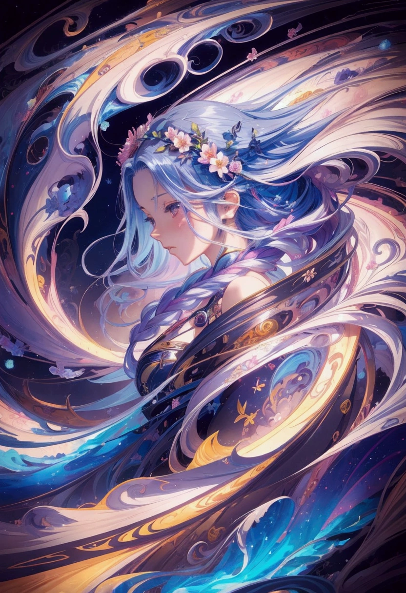 Woman with long hair and flowers in her hair, fantasy anime illustration, anime girl with cosmic hair, detailed digital anime art, Beautiful anime artwork, Fantasy anime artwork, Anime art wallpaper 4k, Anime Art Wallpaper 4 K, Anime art wallpaper 8 k, Beautiful anime art, digital anime art, beautiful art illustrations, beautiful anime pictures, digital art on pixiv