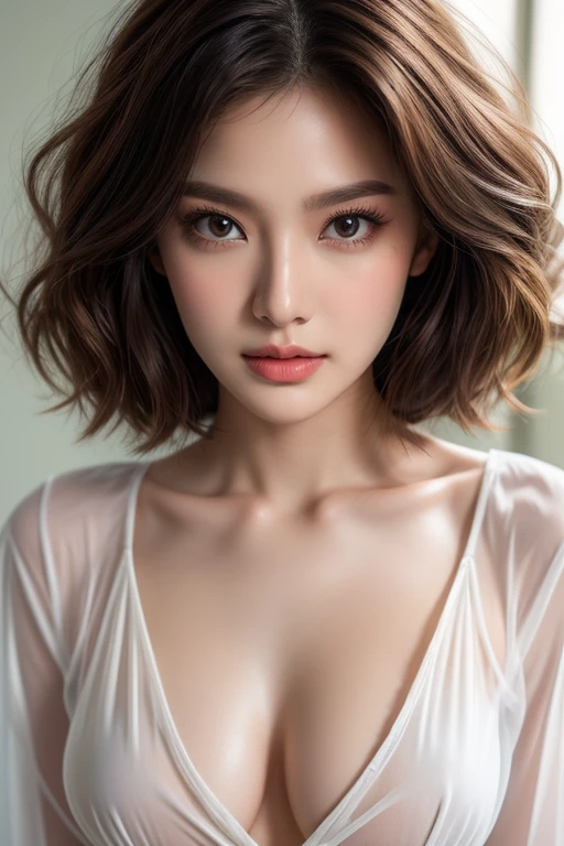 Top quality, RAW Photo, Highest Quality Image, 16K, Full body, Age 22 years old, Realistic, Photorealistic, Beautiful Asian woman, Sexy, body, White pale skin, Beautiful hair, Wavy hair, Brown Hair,, Short hairstyle, Detailed face, Detailed body, Detailed skin, Double eyelids, Big eyes, long eyelashes, bright eyes, green eyes, natural lips, detailed lips, Saggy breasts, Very Small breasts, Flat Breasts, long shape breasts, posing in bedroom studio, sunny day light, wearing white see through white shirt with all unbuttoned, no bra, Camera angle from below