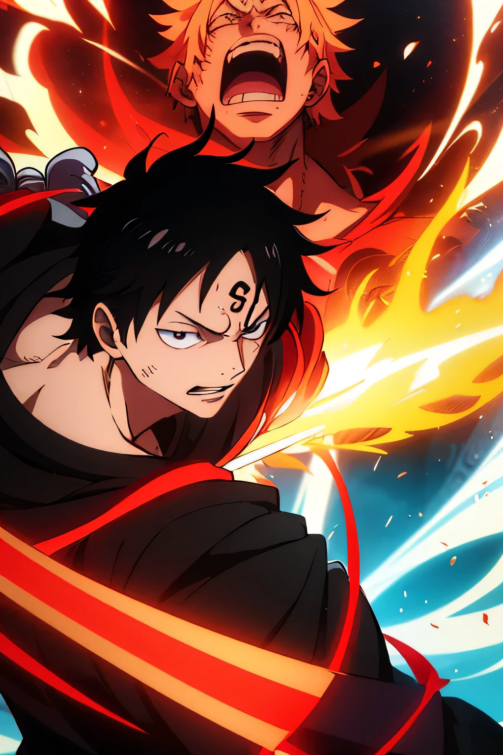 Male characters from Mushoku Tensei, One Piece, and Jujutsu Kaisen as a basis to structure a single character, where this character is shrouded in an aura full of energy, possessing magic, and having the features of a faceless man but filled with hatred and fury. character evolved with mixed energy taken into fury, faceless character with.