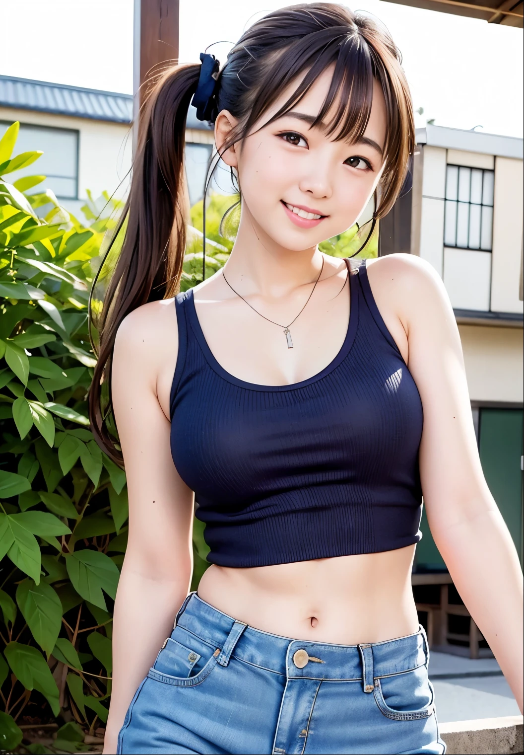 (Highest quality,masterpiece:1.3,Ultra-high resolution),(Very detailed、Caustics) (Realistic:1.4, RAW shooting、)Ultra-Realistic Capture、Very detailed、Natural skin texture、masterpiece、(A Japanese  girl wearing a thin tank top and a jeans miniskirt:1.3), Adorable expression、Expressions of happiness、10 years old、heigby Face、Amazingly cute、Twinraight hair、Scrunchie、Black Hair、necklace、F Cup Big、Shining thighs、Skin Arm、The navel is visible、Background details、smile、An inviting gaze、Anatomically correct、Cowboy Shot、Attention to detail、Photographed on the main street of a summer resort、Sexy pose