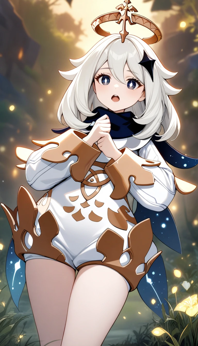 masterpiece, best quality, very aesthetic, absurdres, 1girl, mature_lady, ,1girl, paimon \(genshin impact\), genshin impact, white hair, hair ornament, halo, blonde hair, open mouth, dress, long hair, hair between eyes, white dress, long sleeves,grasses and flowers,glowing stardust frontground,fantasy,sparkling,fireflies,