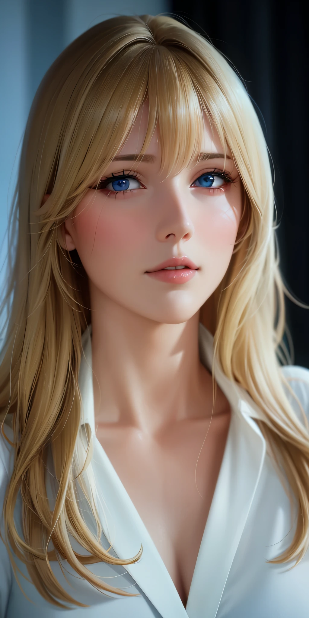 Elegant mature woman, milf, blue eyes, blonde hair, bangs, look at viewer, soft light, 4k resolution, high quality, beautiful cg