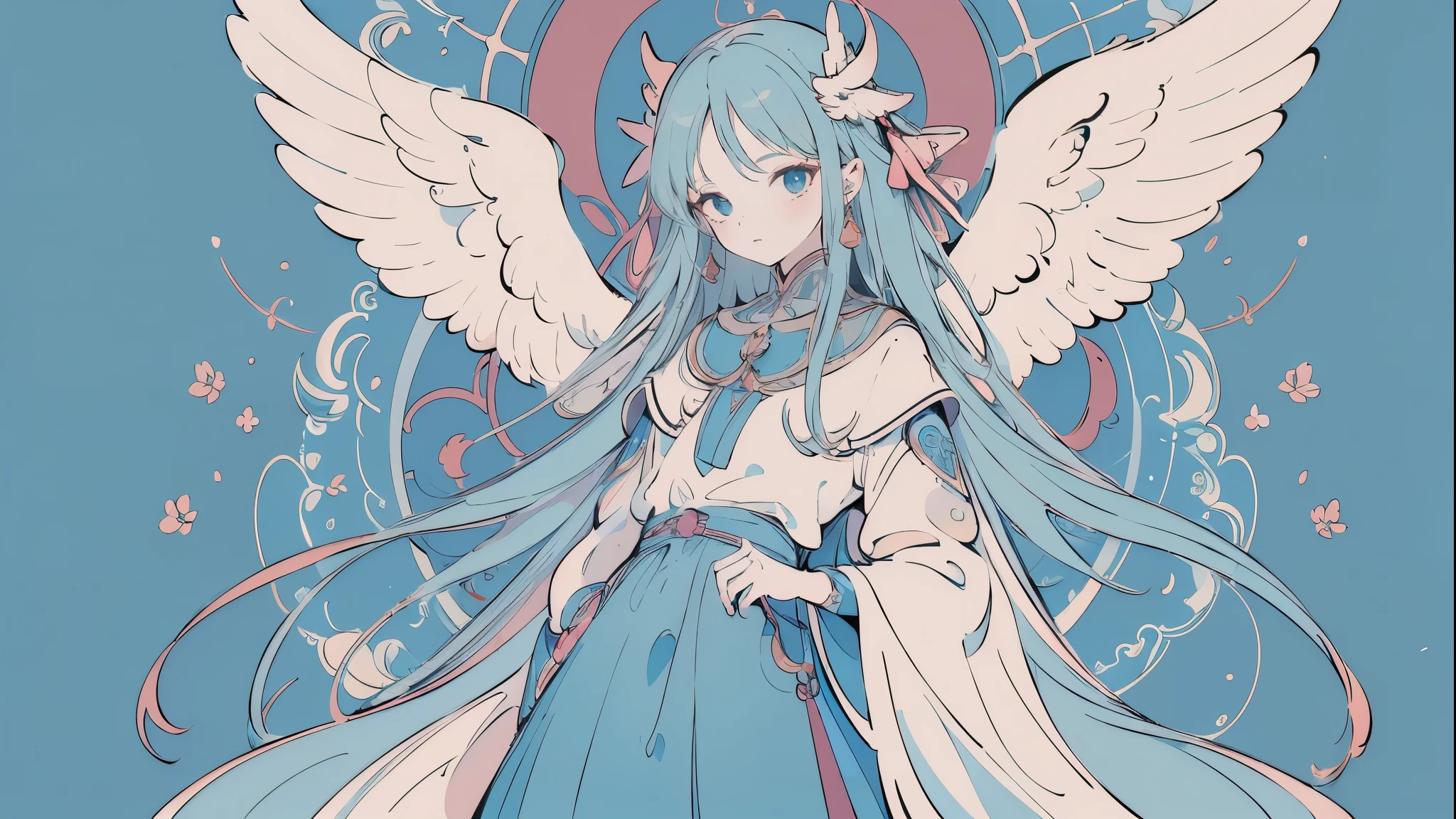 (Designed by nty:1.4),Upper body portrait of a girl,Bright blue, colourful, Yoshitaka Amano character setting,solo,Angelic, Symmetrical Beauty, Angel Wings, Gorgeous long skirt, stand up, (((solo))), Color matching,Clear facial features, Clean lines design, Magic Elements, future technology, ((tarot card background)), Standing figure, ((Flat color)), (masterpiece,Top quality,Best quality,Ultra-high resolution), ((Exquisite facial features,Clear facial features,beautiful eyes,Beautiful face)) ,(32k wallpaper),