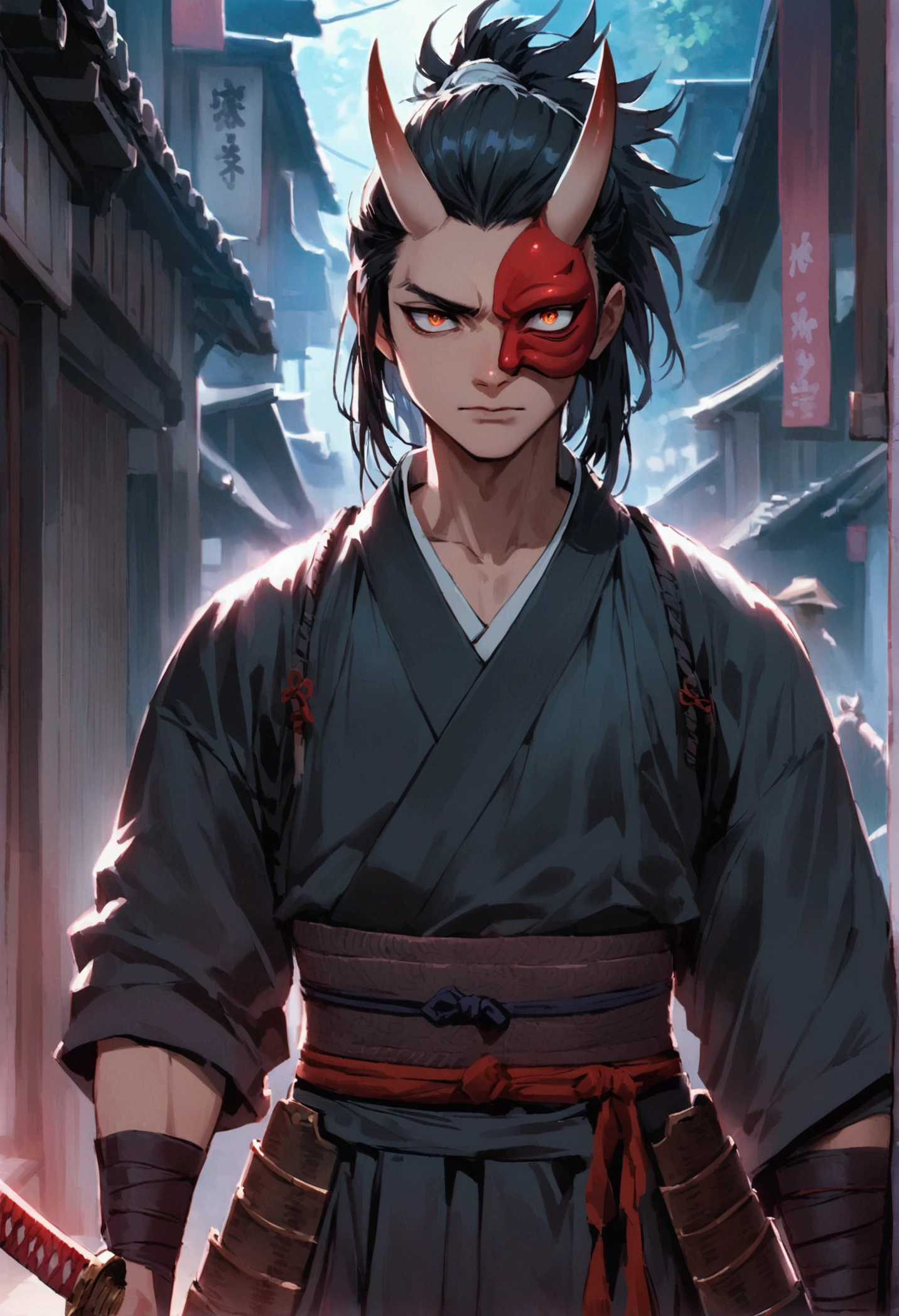 male Samurai, looks toward the viewer, sharp eyes, black hair, grün eyes, she is wearing an oni-mask, sword is inside the swordscabbard