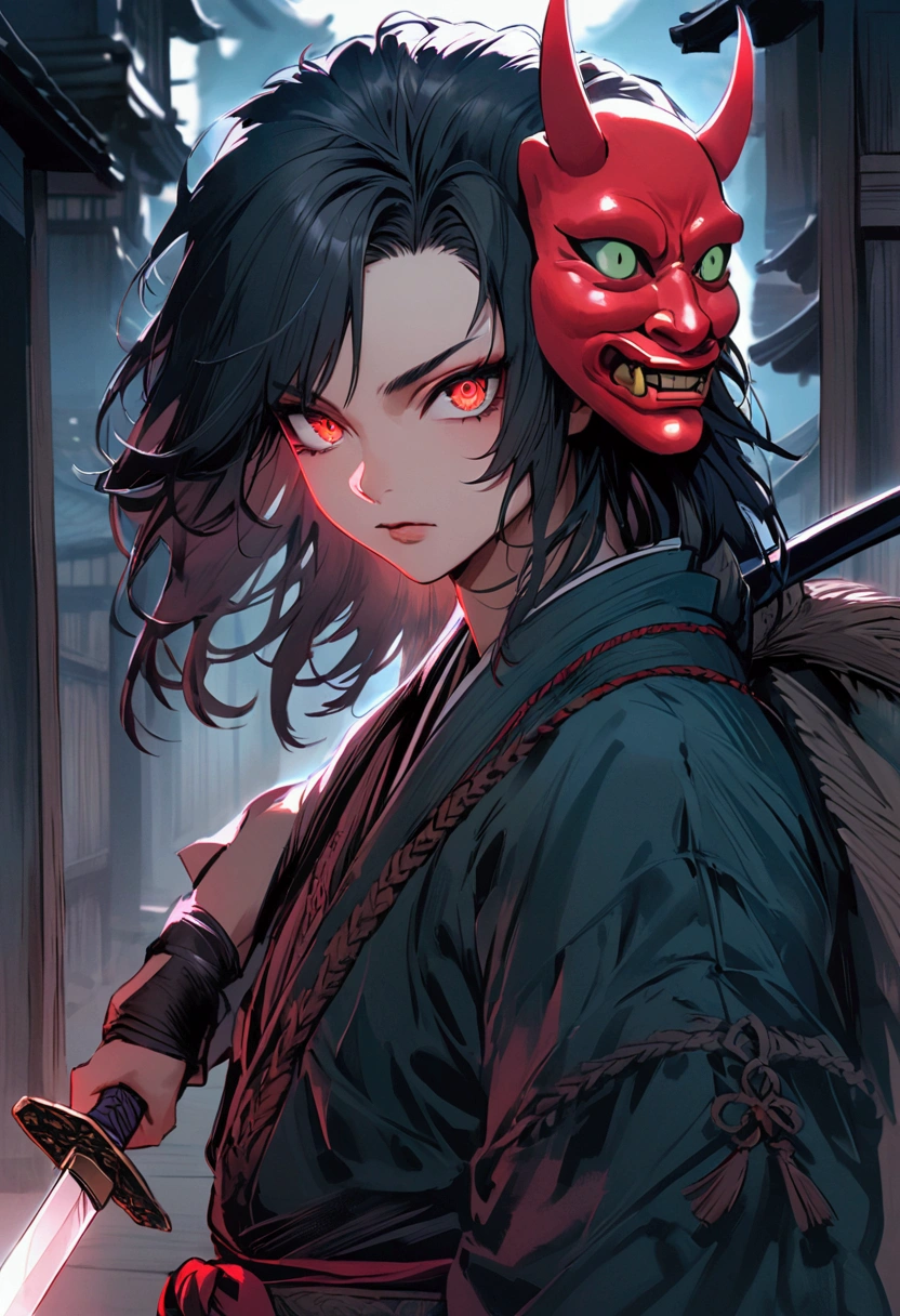 male Samurai, looks toward the viewer, sharp eyes, black hair, grün eyes, she is wearing an oni-mask, sword is inside the swordscabbard