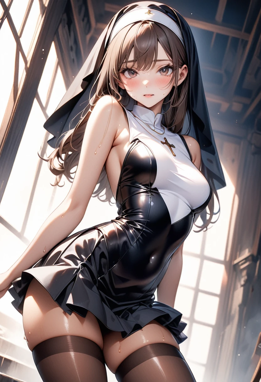 ((traditional nun)),, ((skirt)), ((pantyhose)), ((Shiny Costumes)), skindentation, skinny, solo, 1 woman, Masterpiece, highest quality, highest quality, 16K, incredibly absurd, highly detailed, 2.5D, ai-generated, delicate and dynamic, very delicate facial expressions, delicate eye depiction, erotic, only sexy woman, ((A cute and kind face)), healthy figure, ((25-year-old woman)), 160cm tall, medium firm swaying bust, , blush, Sweat,Embarrassed,sexy, ((thin thighs)), (camel toe:0.7), (visible nipples:0.3), (Erect nipples,:0.7), shiny and lustrous, facing straight at viewer, (((in heat))), ((Oily_skin)), ((Lots of sweat)), (((Brown Skin))), ((dutch angle)), ((erotic pose)),