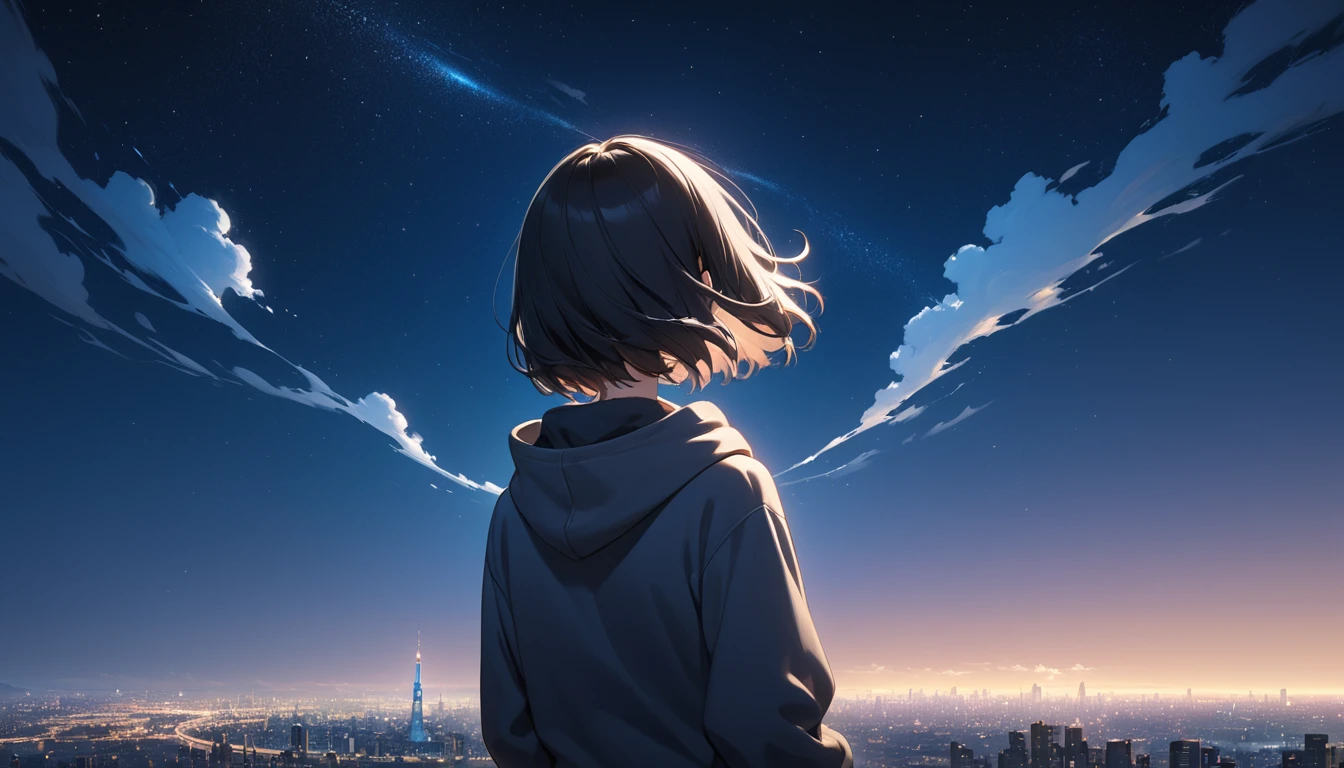 Starry Sky、One woman、Black Hair、Short Hair、Hair blowing in the wind、Wearing a hoodie、Back view、Full body portrait、Overlooking the city from afar