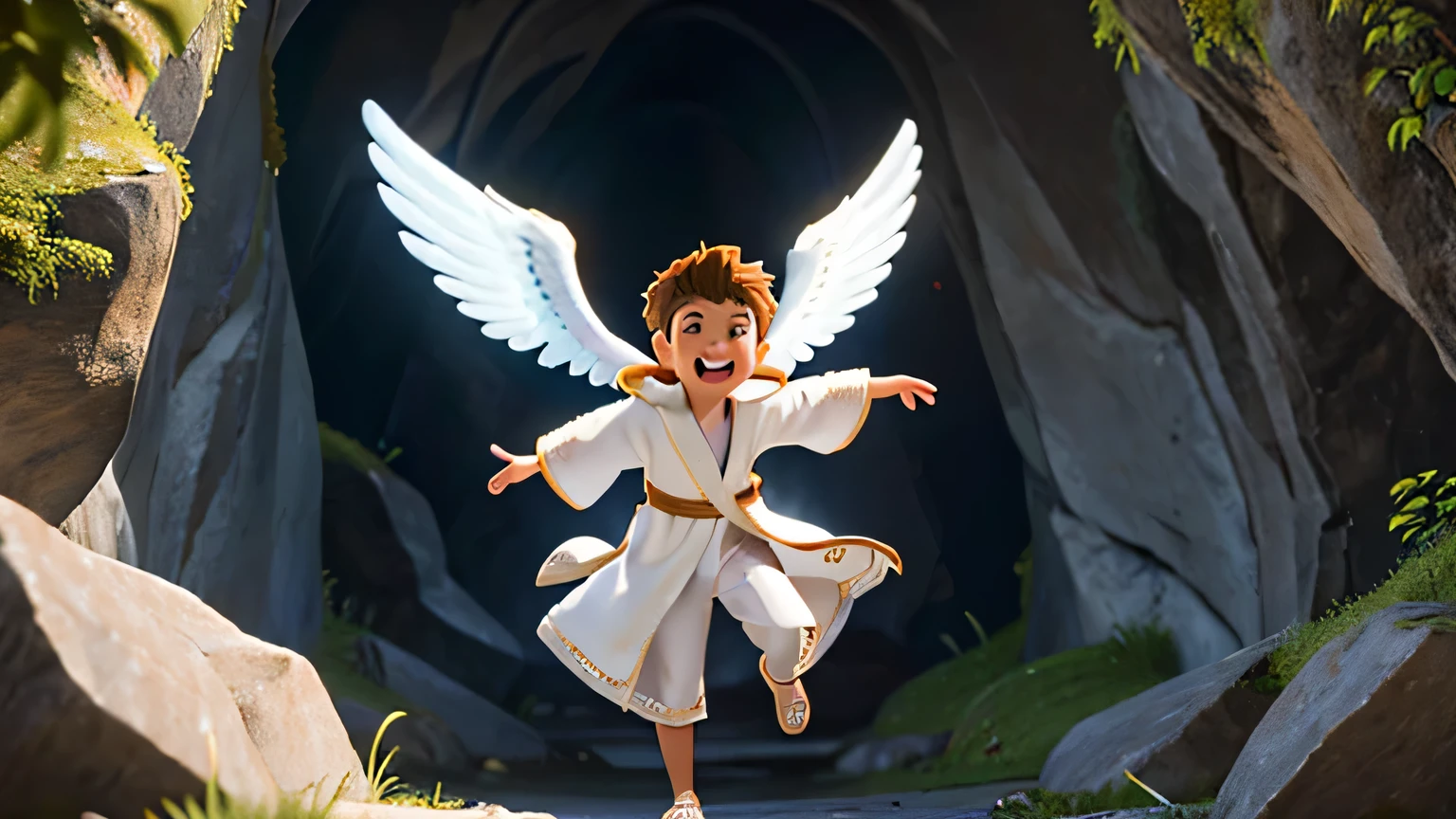 flying angel 14 year old male, wearing white robe, smiling happily near the entrance to a cave with a rock wall, with detailed eyes, extremely detailed face, intricate robes, warm lighting, vibrant colors, photorealistic, 8k, masterpieces, cinematic composition, spectacular lighting. volumetric lighting, chiaroscuro, divine, spiritual, serene, hopeful, bright aura, 4k, ultra detail
