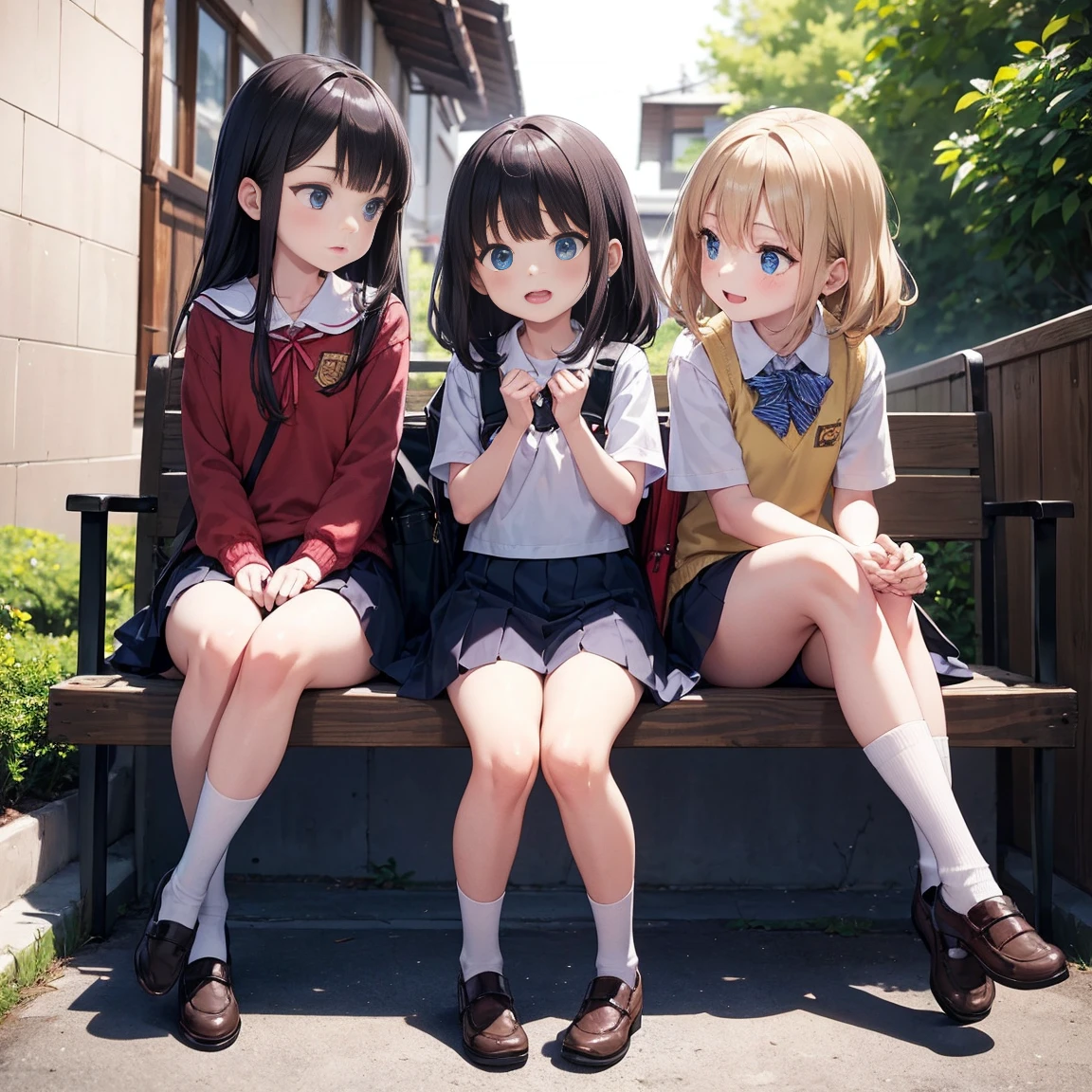 Three very young girls, about , on a street in Japan, one of the old streets, behind them is a school. They are wearing Japanese school uniforms. Their thighs are all visible, and their socks reach below the knee. Their uniforms are wearing backpacks.. The first girl is excited. Her hair is black, fluffy, reaching below the neck. She is excited and cheerful as she stands and raises her hands excitedly, meaning she is black.. The second girl has blond hair that reaches below the neck and blue eyes. She is a little younger hem in age. She is very beautiful and very, very innocent and a little afraid. She looks anxious and pretends to be a normal person. She is shy and looks shy while she is sitting on her knees, placing her hands on her thigh, and she is shy and half-assed.. The third girl, her hair white, reaches below her neck, she wears red jewelry on it, her eyes are blue, she stands next to them, looking with a mixture of shyness and courage, she is half shy and half happy, she stands looking with amazement, shyness and courage. They all look in amazement. The three girls. Side view. One of them seems to be stumbling. They are three young girls. They are all the same height. They are very young, very innocent children. Only the second girl is sitting, while the first and third are standing.