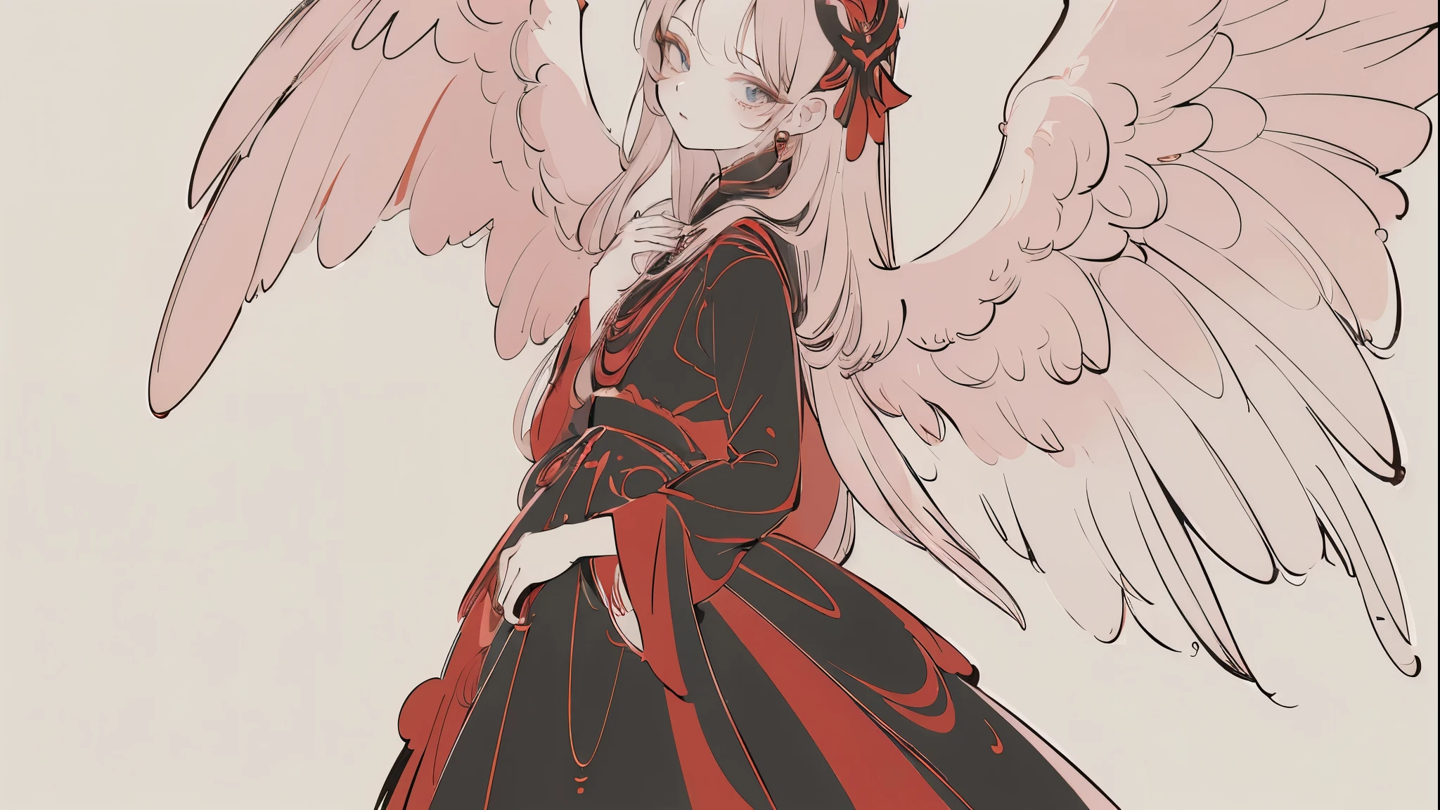 (Designed by nty:1.4),Upper body portrait of a girl,Black and red colorful, colourful, Yoshitaka Amano character setting,solo,Angelic, Symmetrical Beauty, Angel Wings, Gorgeous long skirt, stand up, (((solo))), Color matching，Clear facial features, Clean lines design, Magic Elements, future technology, ((tarot card background)), Standing figure, ((Flat color)), (masterpiece，Top quality，Best quality，Ultra-high resolution), ((Exquisite facial features，Clear facial features，beautiful eyes，Beautiful face)) ,(32k wallpaper),