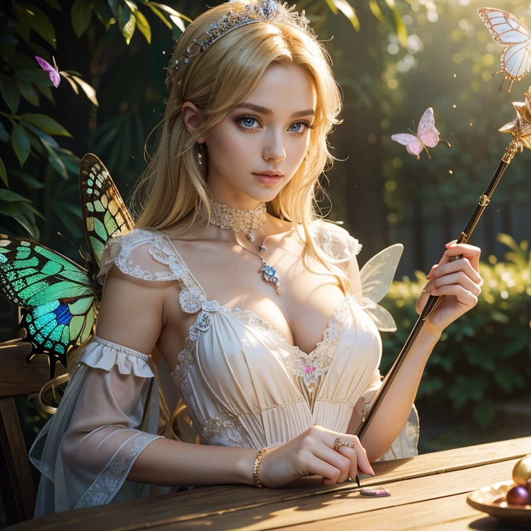 (​masterpiece, best quality:1.5), highest quality, High resolution, super detailed, Realists, Upper body photo of a blonde young magical girl, detailed and beautiful eyes, beautiful detailed lips, very detailed eyes and face, longeyelashes, shiny green satin dress, Holding a magic wand in your hand, Cast a transformation spell, With her stick she turns spiders into butterflies, Glowing wands available,Beautiful and colorful makeup, elegant and noble々The jewelry bag, Gardens as background, soft daylight, bright colors, fine brushstrokes, Portrait style, Silk dress fabric, beautiful color palette, glowing skin, First-class rendering, that captures every detail, enchanting atmosphere, subtle shadows and lights, (perfect anatomy:1.2), (The stunning Magical Girl turns spiders into butterflies. on the table(a transformation with the magic wand:1.4), (magnificent panorama view:1.2)