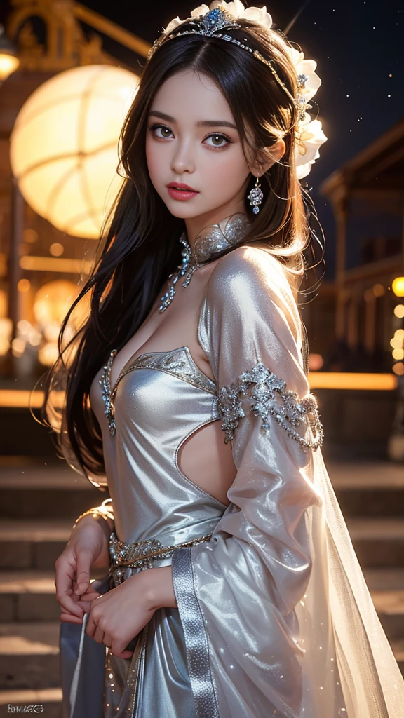 8K ultra hd, masterpiece,1 girl, ((realistic face)), detailed eyes, ((very long hair)), flowing hair, small breasts, royal dress, decorated dress, silver dress, anitque jwellery, detailed lacing, flowing cape, bare navel, moon light, amazing night outdoor, spot lights, glowing lights, depth of field, ray tracing, bloom, realistic shadow, tyndal effect, spreding, lights, looking at the audience, attractive pose,