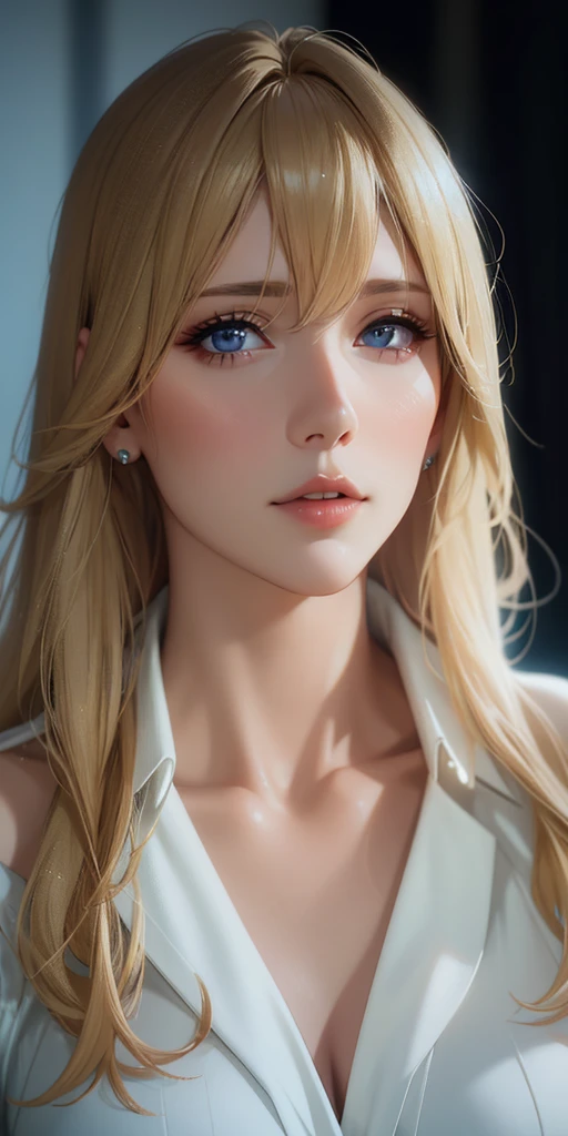 Elegant mature woman, milf, blue eyes, blonde hair, bangs, look at viewer, soft light, 4k resolution, high quality, beautiful cg