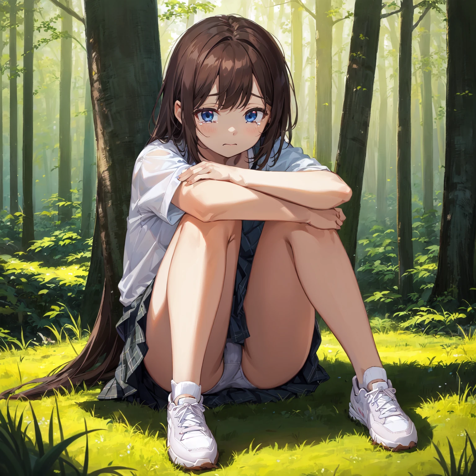 masterpiece, Highest quality,closed mouth,night,crying,Lean your body backwards,fat,shirt,I'm on my knees,Sigh,Dark Forest,sneakers,胸元の緩いshirt,Pleated skirt,Photoreal 1;4,brown hair,full body ,portrait1;4, {{beautiful medium size breasts 1:4}}, high quality panties,{{girl}},top quality,cute girl,high quality background, slanted eyes, detailed shirt chest wrinkles,BREAK, {{beautiful blue eye1:4}}, Accurate 5 fingers